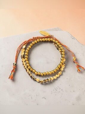 Plunder Gold Beaded & Disc Bracelet with Orange Multicolor Cord